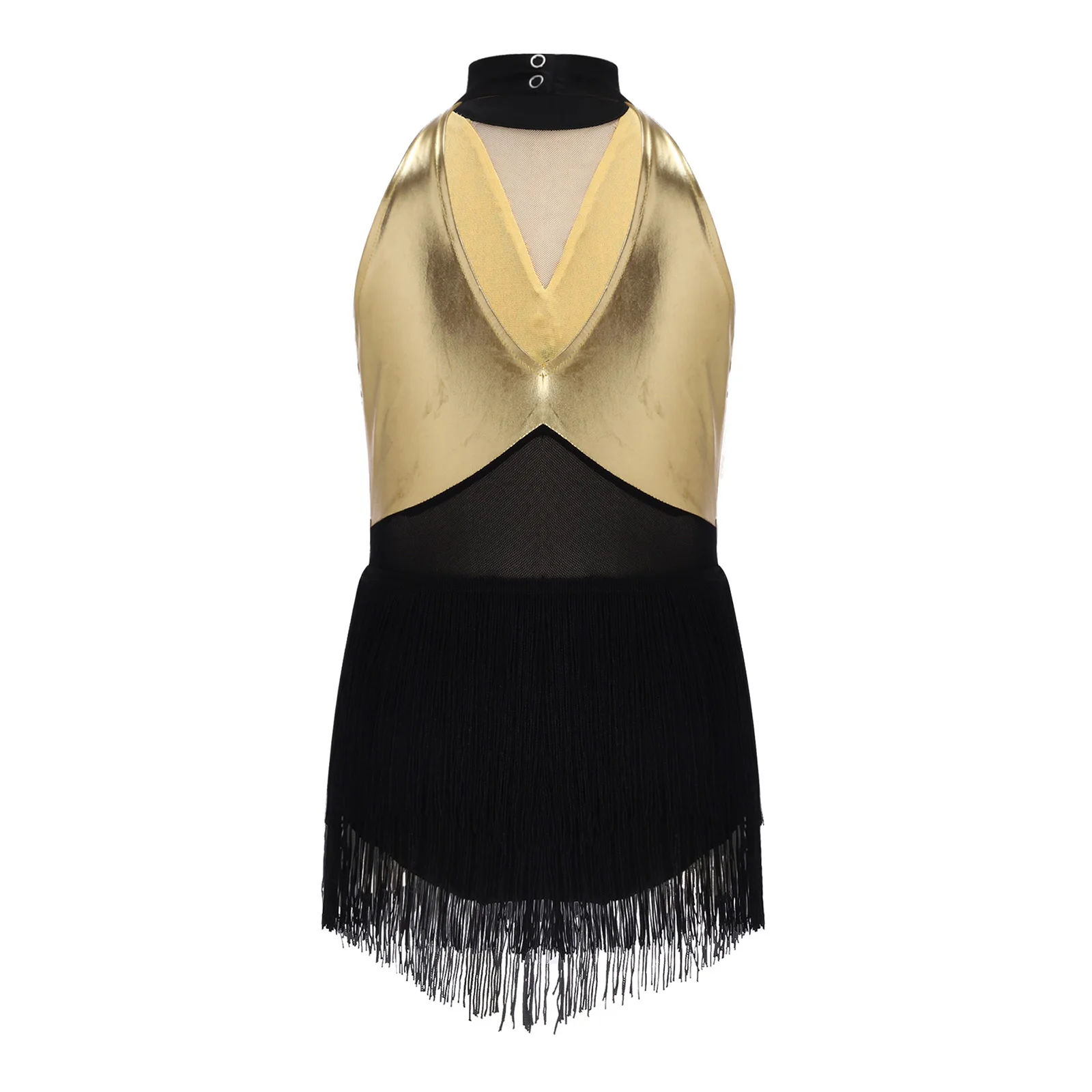 Kids Girls Cha-cha Salsa Latin Dance Costume Shiny Sequins Halter Sleeveless Mesh Tassels Leotard Jazz Tango Samba Rumba Outfits