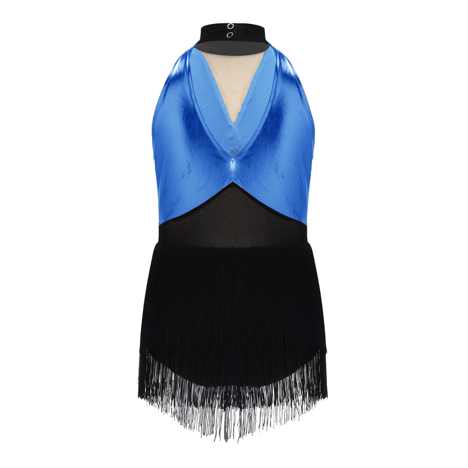 Kids Girls Cha-cha Salsa Latin Dance Costume Shiny Sequins Halter Sleeveless Mesh Tassels Leotard Jazz Tango Samba Rumba Outfits