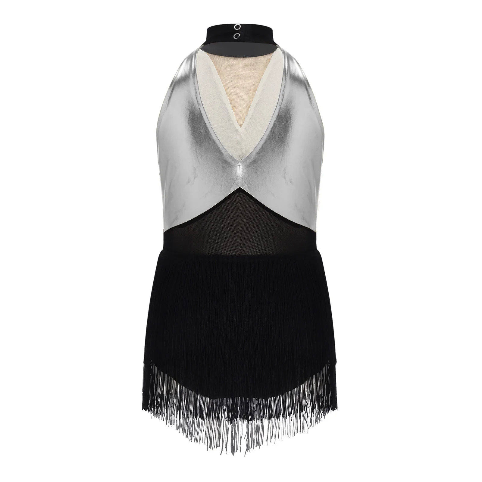 Kids Girls Cha-cha Salsa Latin Dance Costume Shiny Sequins Halter Sleeveless Mesh Tassels Leotard Jazz Tango Samba Rumba Outfits