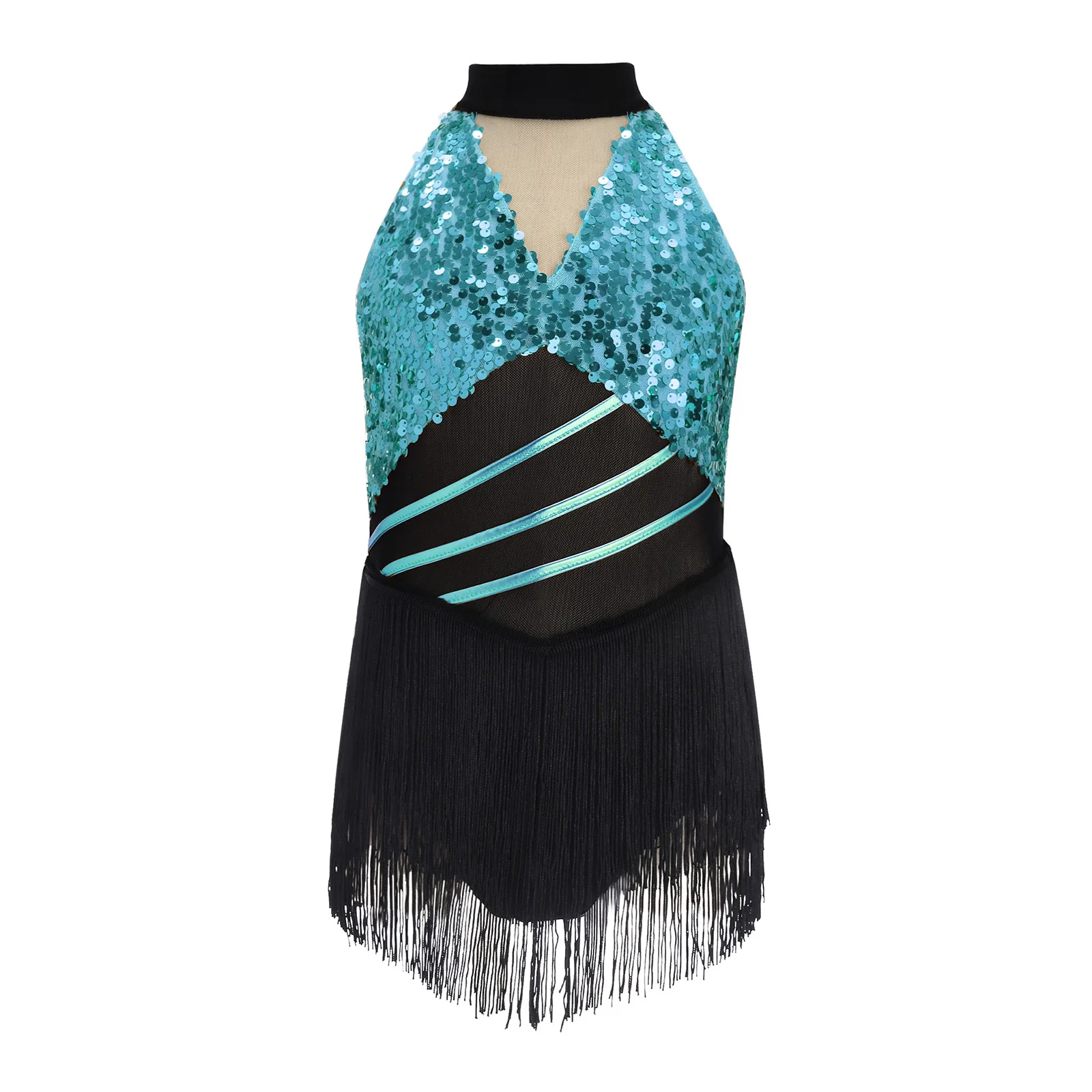 Kids Girls Cha-cha Salsa Latin Dance Costume Shiny Sequins Halter Sleeveless Mesh Tassels Leotard Jazz Tango Samba Rumba Outfits