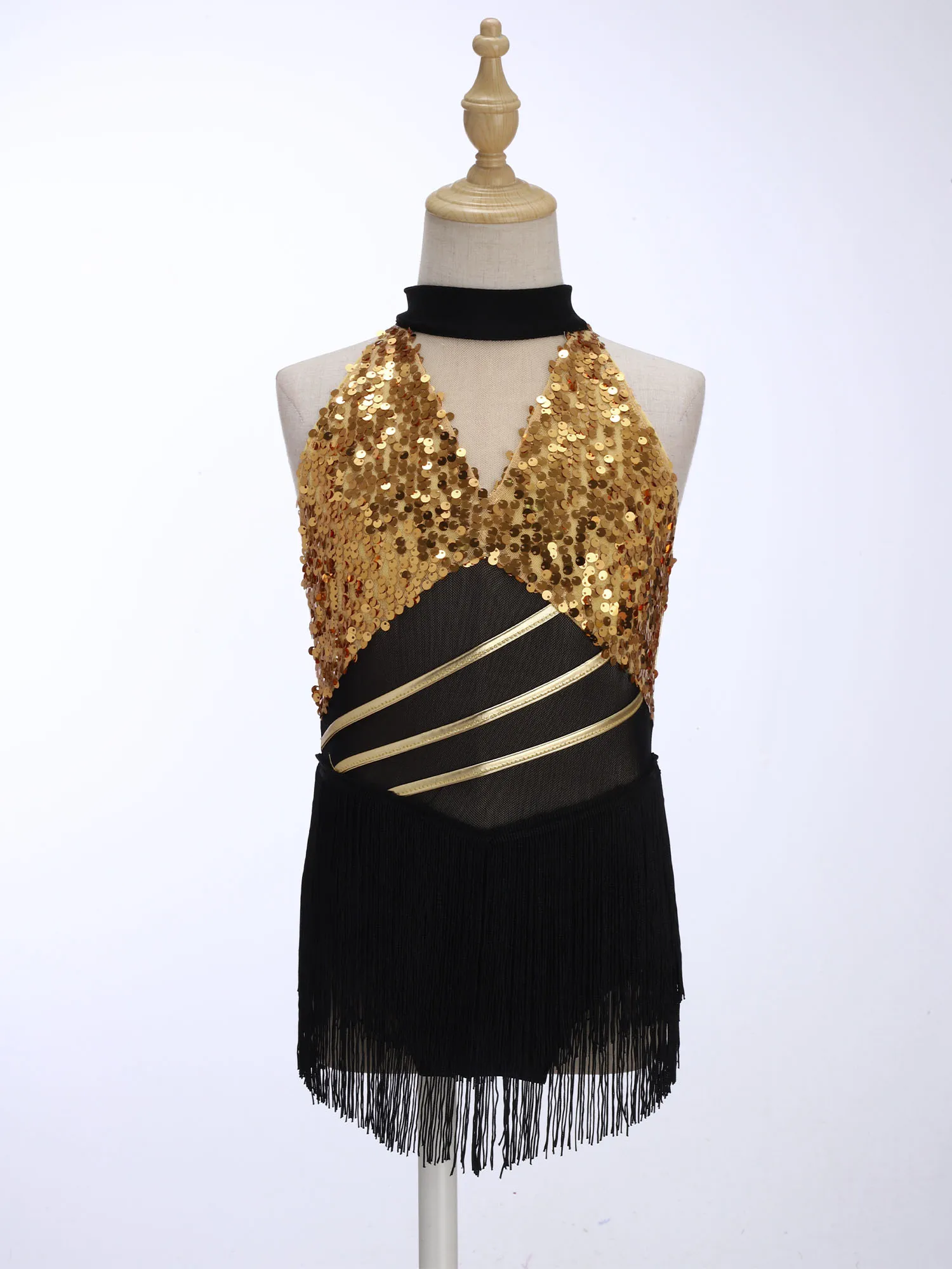 Kids Girls Cha-cha Salsa Latin Dance Costume Shiny Sequins Halter Sleeveless Mesh Tassels Leotard Jazz Tango Samba Rumba Outfits