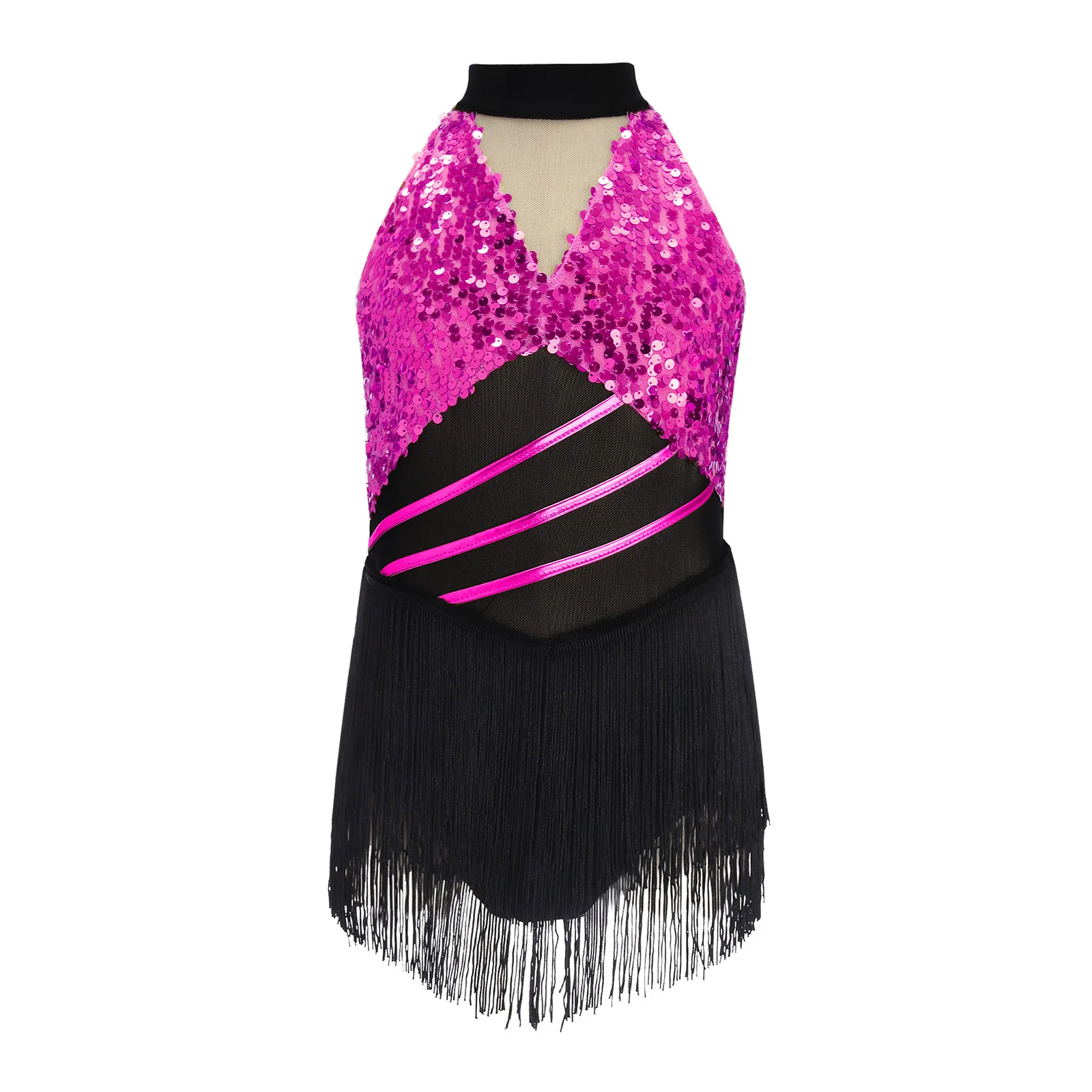 Kids Girls Cha-cha Salsa Latin Dance Costume Shiny Sequins Halter Sleeveless Mesh Tassels Leotard Jazz Tango Samba Rumba Outfits