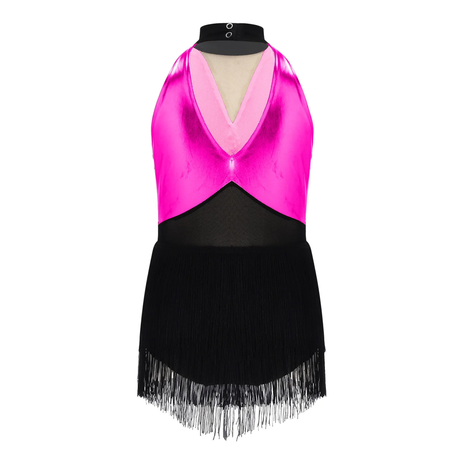 Kids Girls Cha-cha Salsa Latin Dance Costume Shiny Sequins Halter Sleeveless Mesh Tassels Leotard Jazz Tango Samba Rumba Outfits