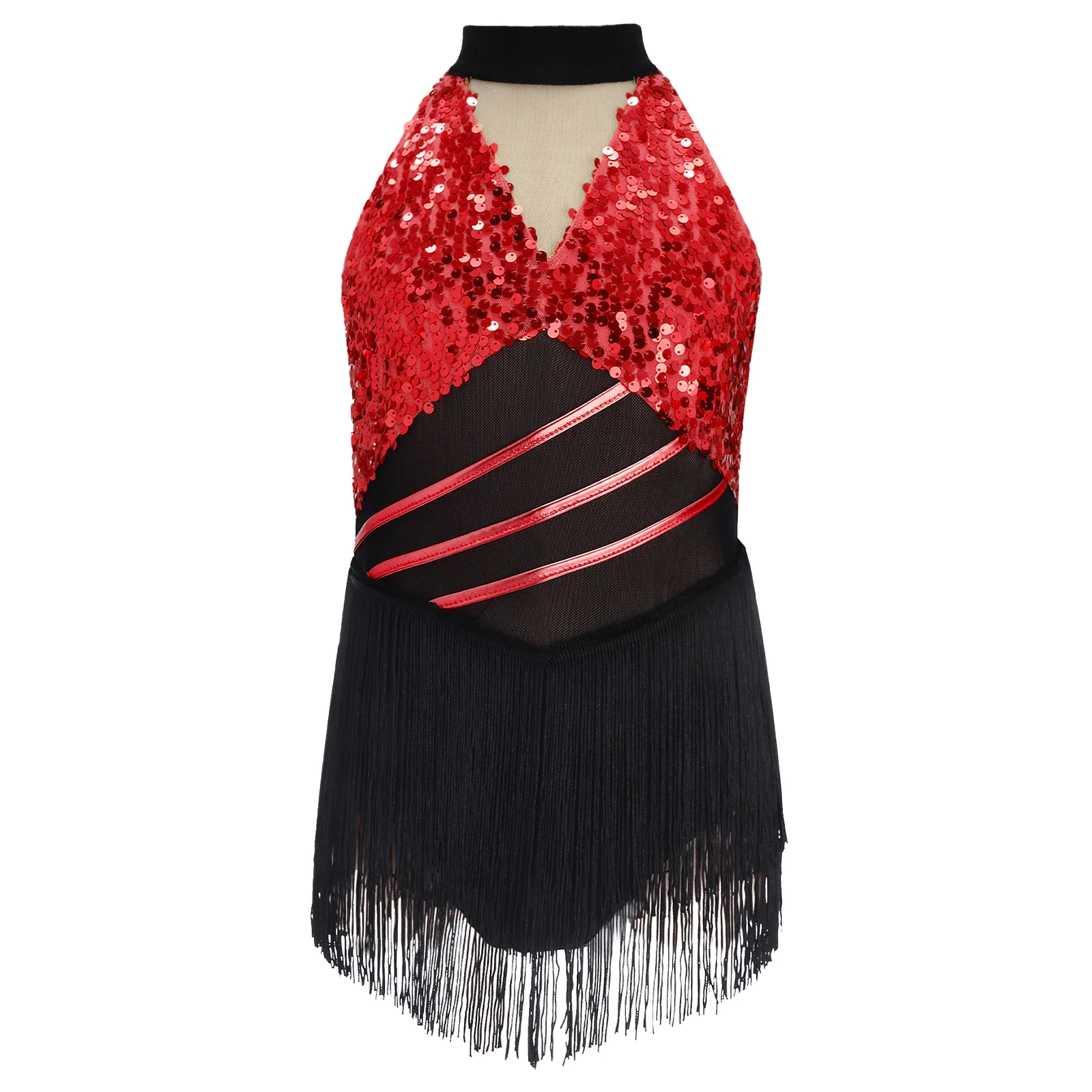Kids Girls Cha-cha Salsa Latin Dance Costume Shiny Sequins Halter Sleeveless Mesh Tassels Leotard Jazz Tango Samba Rumba Outfits