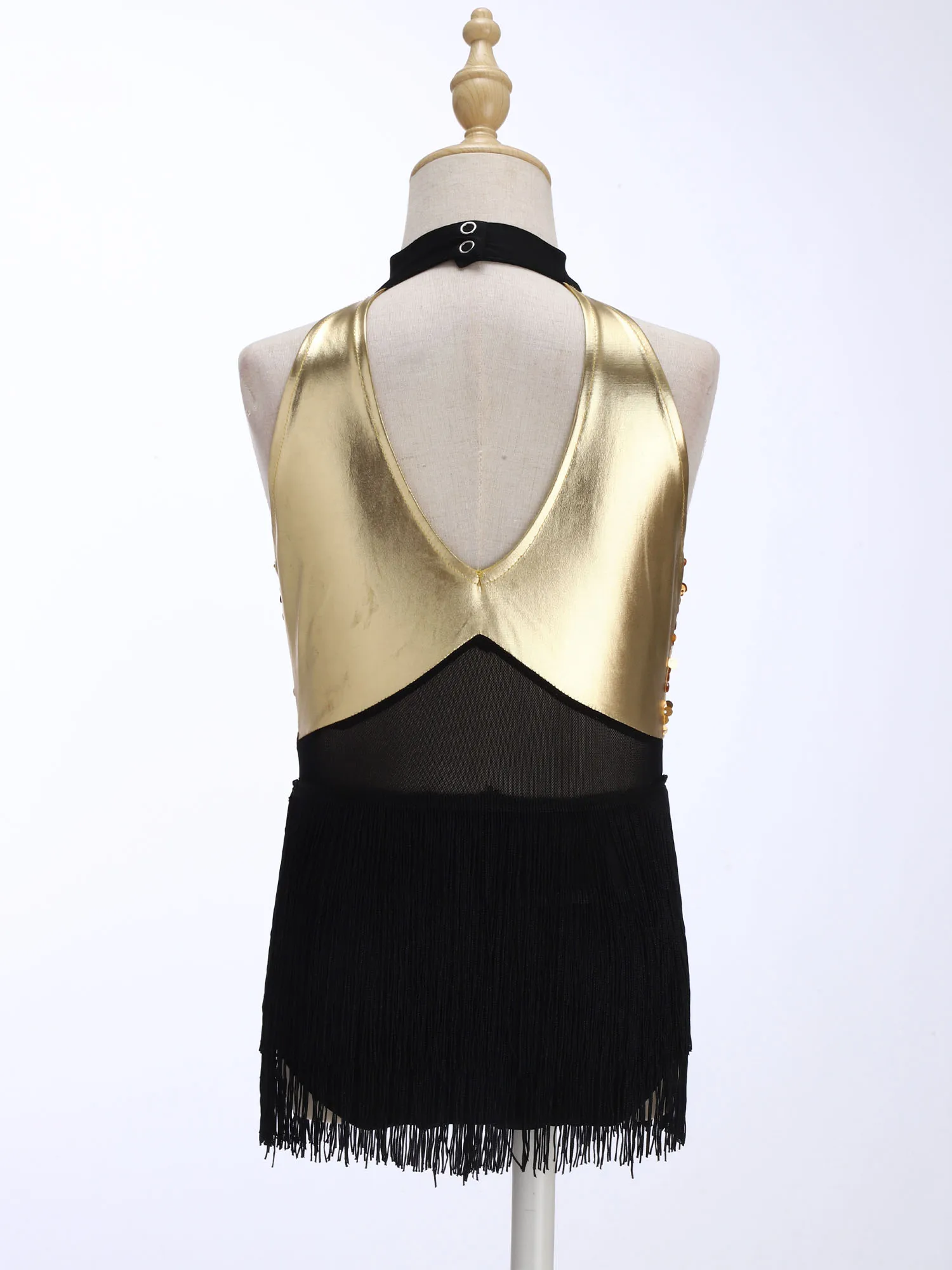 Kids Girls Cha-cha Salsa Latin Dance Costume Shiny Sequins Halter Sleeveless Mesh Tassels Leotard Jazz Tango Samba Rumba Outfits