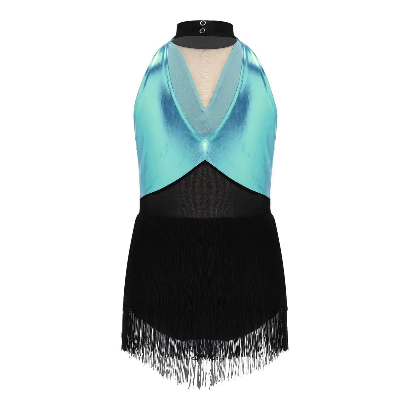 Kids Girls Cha-cha Salsa Latin Dance Costume Shiny Sequins Halter Sleeveless Mesh Tassels Leotard Jazz Tango Samba Rumba Outfits