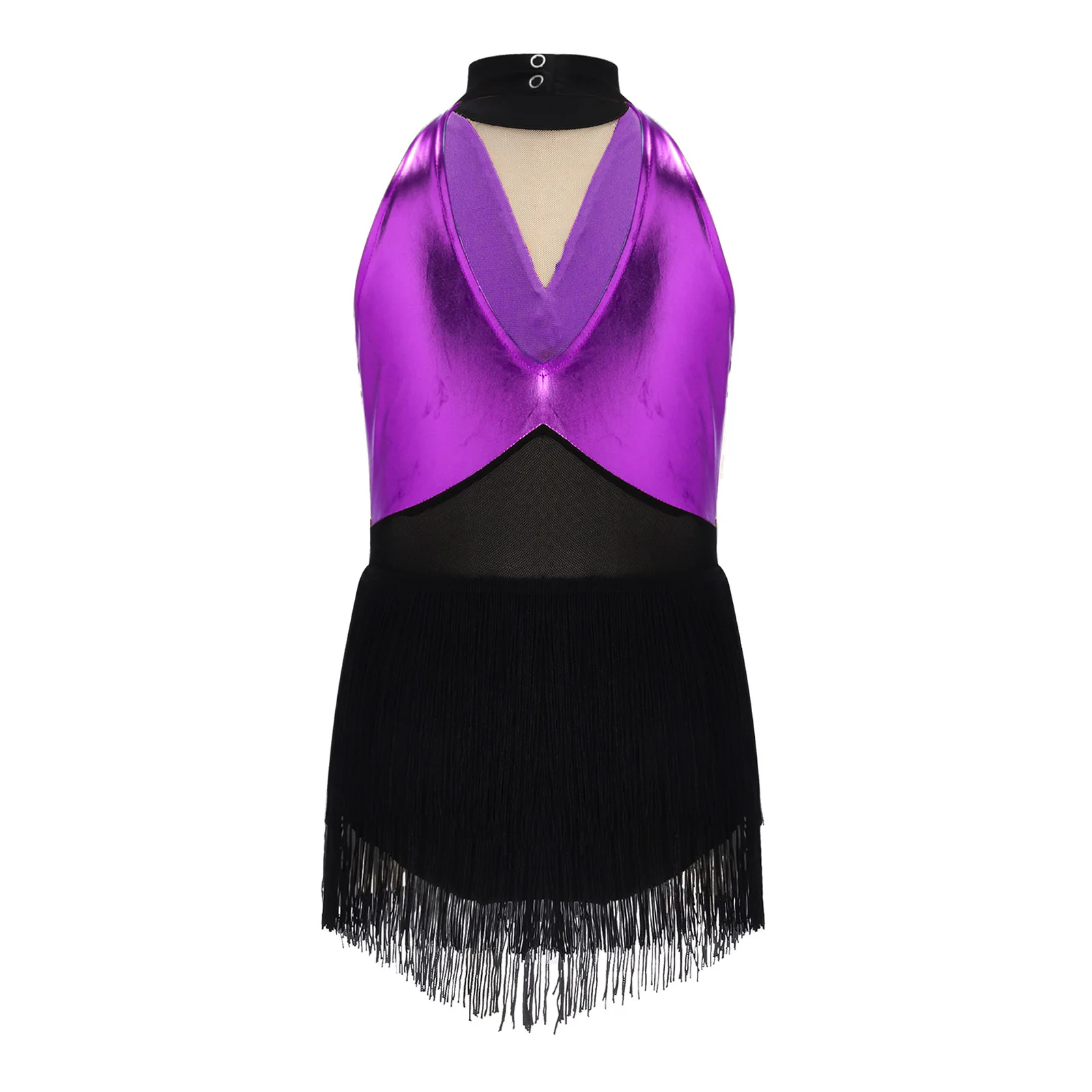 Kids Girls Cha-cha Salsa Latin Dance Costume Shiny Sequins Halter Sleeveless Mesh Tassels Leotard Jazz Tango Samba Rumba Outfits