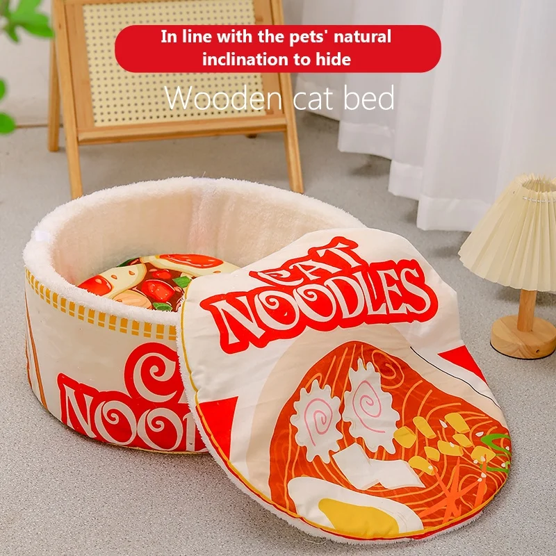 The New Winter Cartoon Ramen Cat Nest Love Warm Cute Semi-enclosed Cat Bed Can Be Opened And Washed