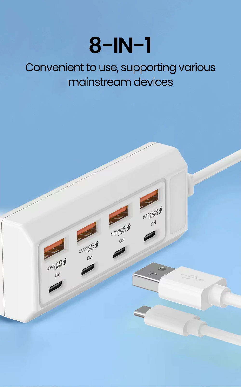 8 in 1 USB Electrical Socket 25W Fast Charging Power Outlet Adapter Docking Stations USB Splitter Converter USB Extension Socket