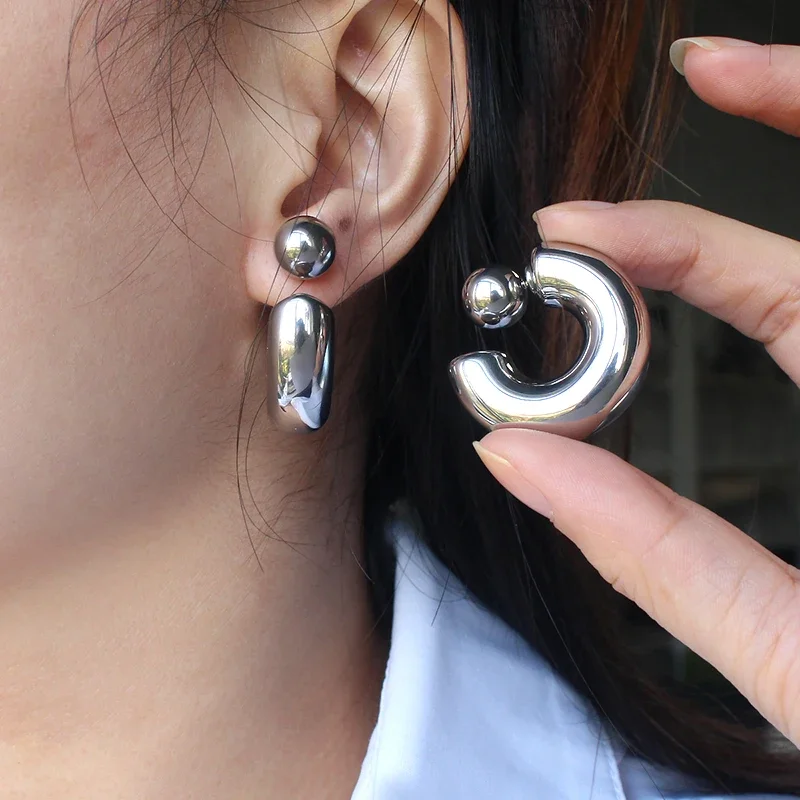 2025 New Fashion Exaggerated Earrings for Women 16K Gold Silver Plated Chunky Ball C Hoop Shaped Earring Stainless Steel Jewelry