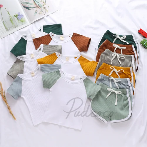 Infant Newborn Baby Girl Boy Spring Autumn Ribbed/Plaid Solid Clothes Sets Long Sleeve Bodysuits + Elastic Pants 2PCs Outfits