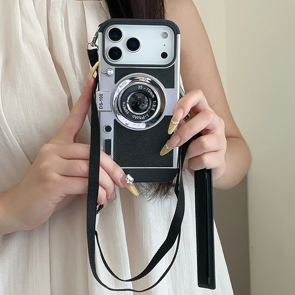 Camera Pattern Crossbody Lanyard Rope Phone Case For iPhone 18 17 16 15 14 13 12 11 Pro Max Soft Shockproof Silicone Cover Girls