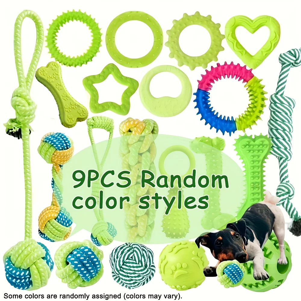 9pcs Random Color Dog Chew Toys, Squeaky Rope Interactive Toy Set for Medium Small Dogs - Cute Puppy Ball with Owner Interaction