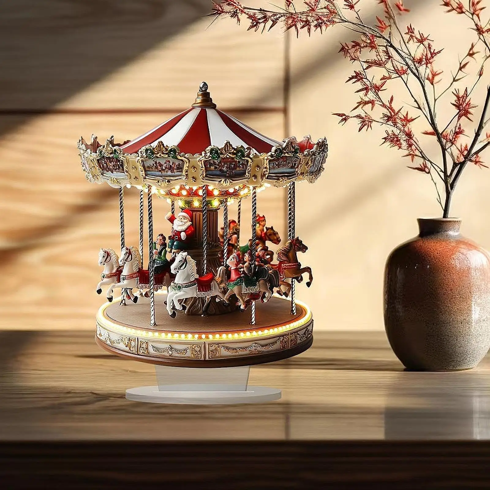 LED Christmas Carousel Figurine Decoration Rotatable Animated Carousel Ornament with Light for Home Decor Anniversary Birthday