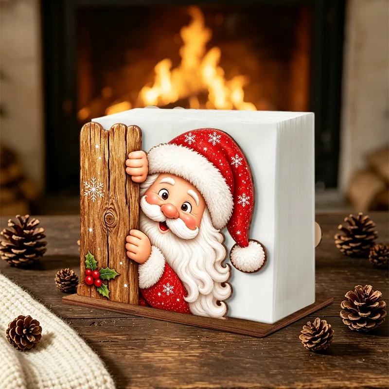 Santa Claus Wooden Napkin Holder Christmas Table Decor Desktop Tissue Storage Rack Xmas Party Dining Room Tabletop Decorations