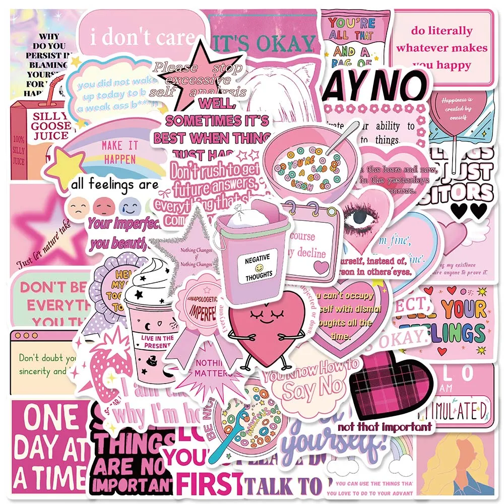 50 Pcs Pink Anti Anxiety Slogan Stickers Coquette Soft Ins Punk Decals For Planner Suitcase Phone Shell Cup Wall Decor