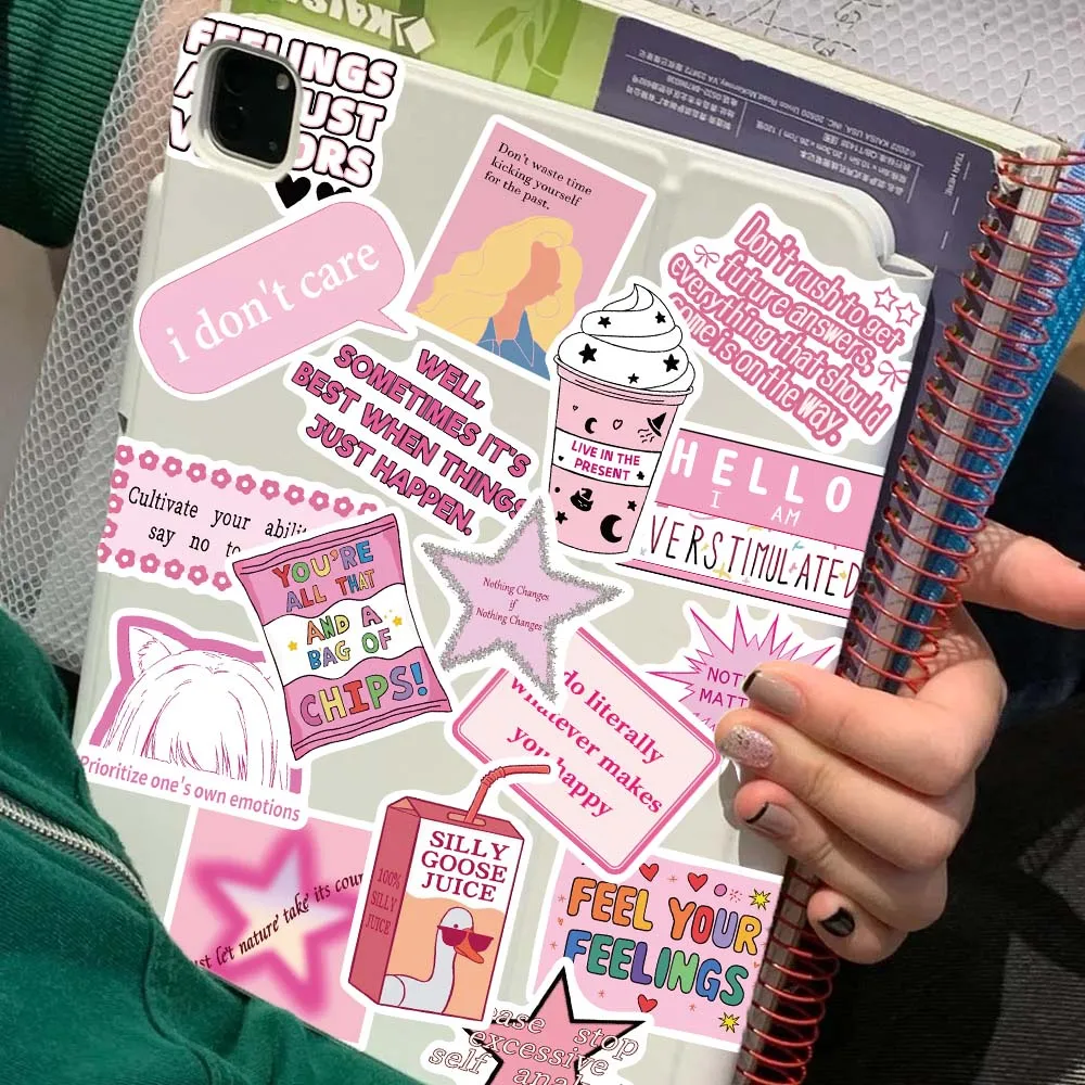 50 Pcs Pink Anti Anxiety Slogan Stickers Coquette Soft Ins Punk Decals For Planner Suitcase Phone Shell Cup Wall Decor