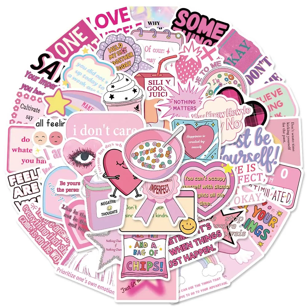 50 Pcs Pink Anti Anxiety Slogan Stickers Coquette Soft Ins Punk Decals For Planner Suitcase Phone Shell Cup Wall Decor
