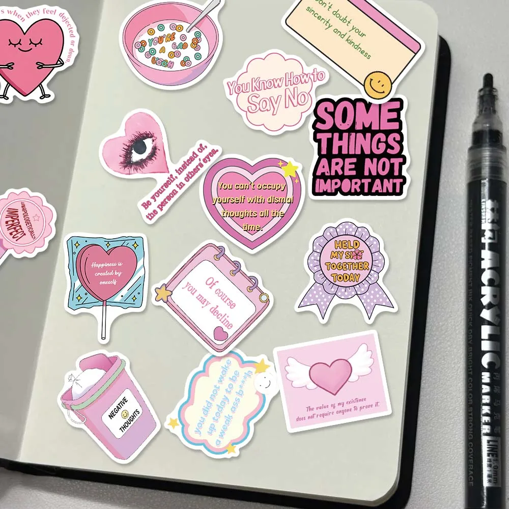 50 Pcs Pink Anti Anxiety Slogan Stickers Coquette Soft Ins Punk Decals For Planner Suitcase Phone Shell Cup Wall Decor