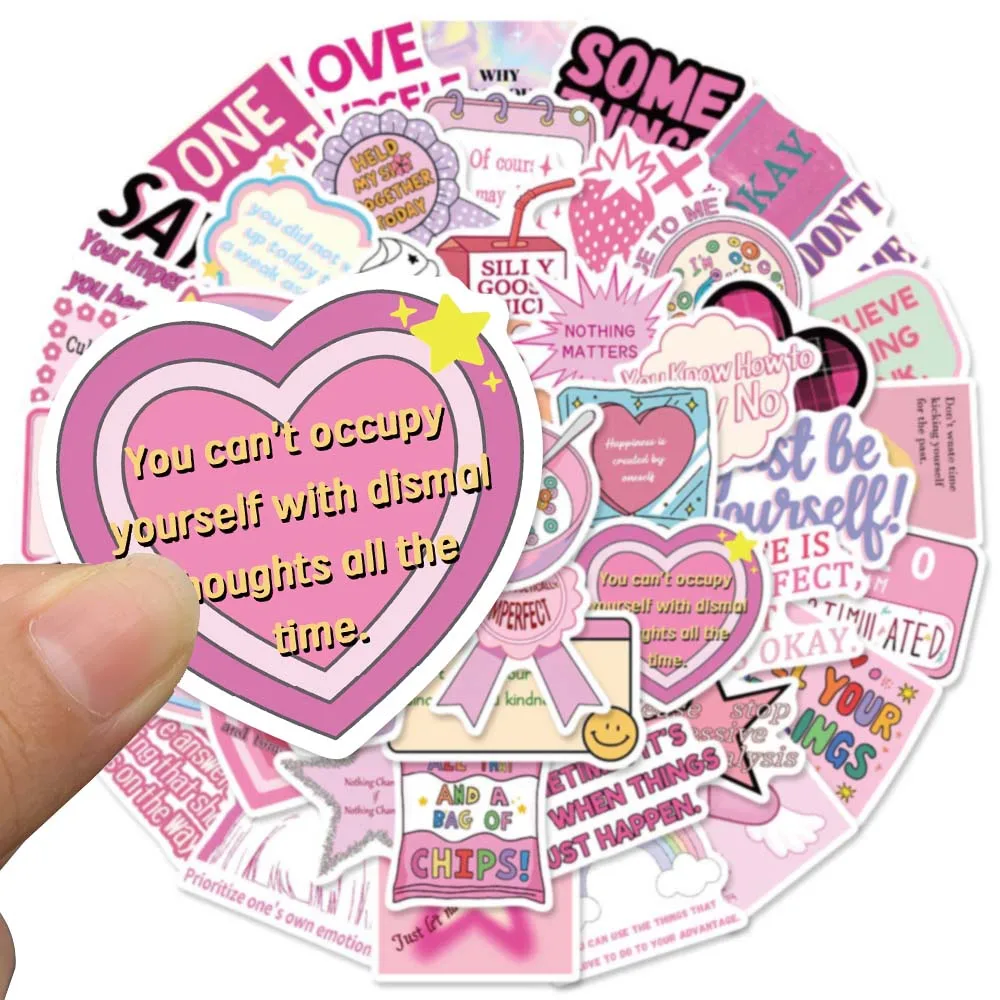 50 Pcs Pink Anti Anxiety Slogan Stickers Coquette Soft Ins Punk Decals For Planner Suitcase Phone Shell Cup Wall Decor