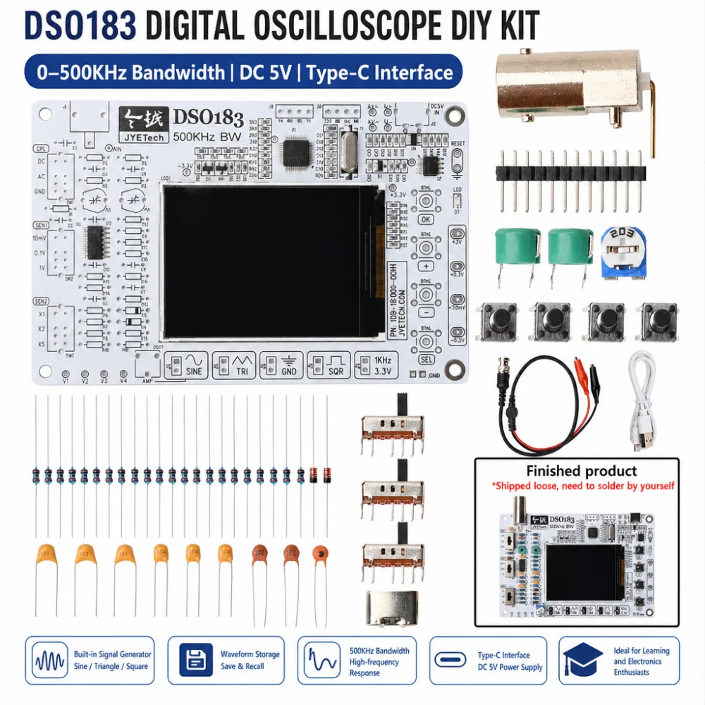 DSO183 DC 5V Digital Oscilloscope DIY Kit, 0–500 kHz Oscilloscope Electronics Soldering Kit, Type-C Connector