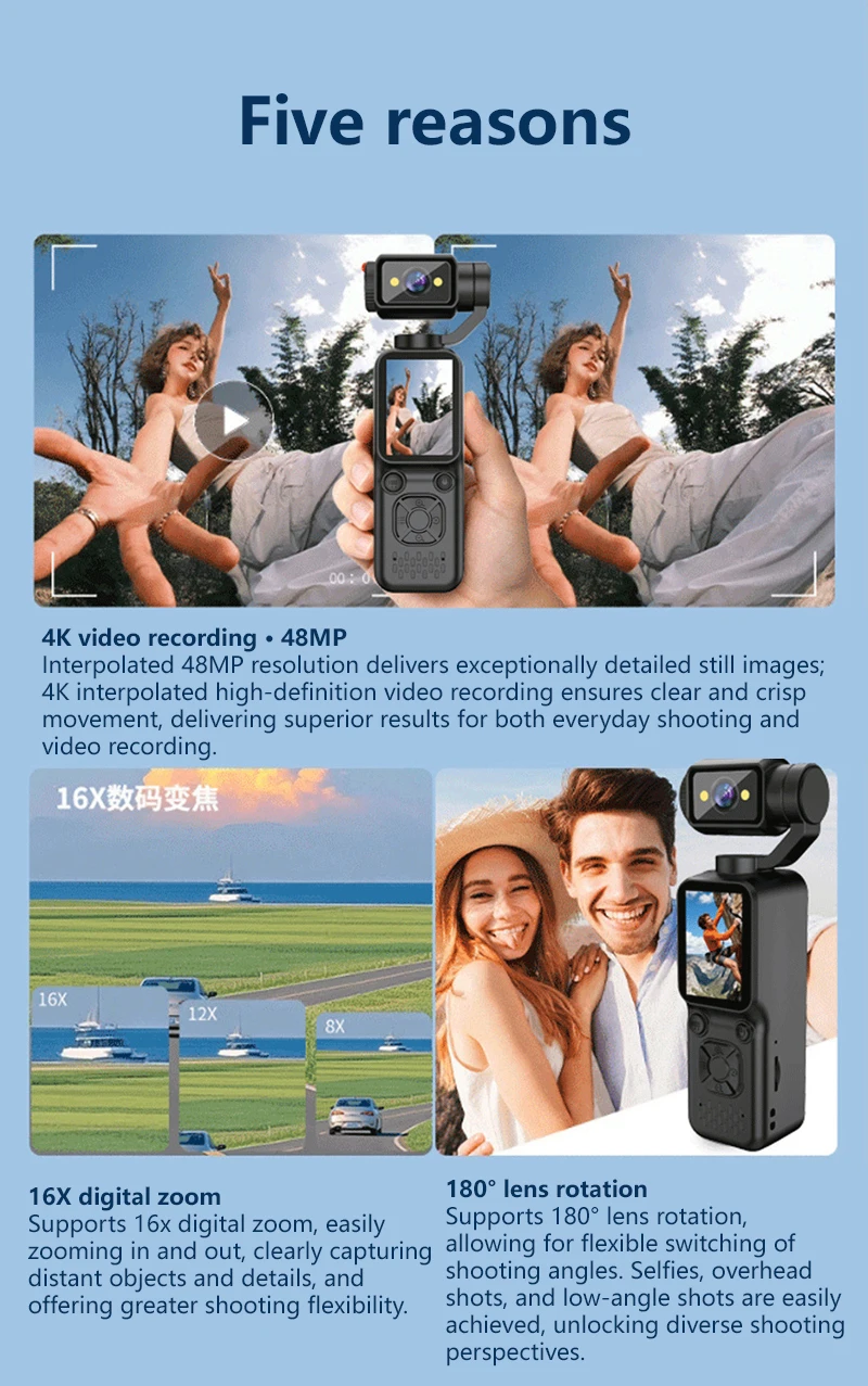 Lenovo New 4K HD Handheld Sports Camera Outdoor Gimbal Camera Travel Vlog Pocket Face Tracking Camera