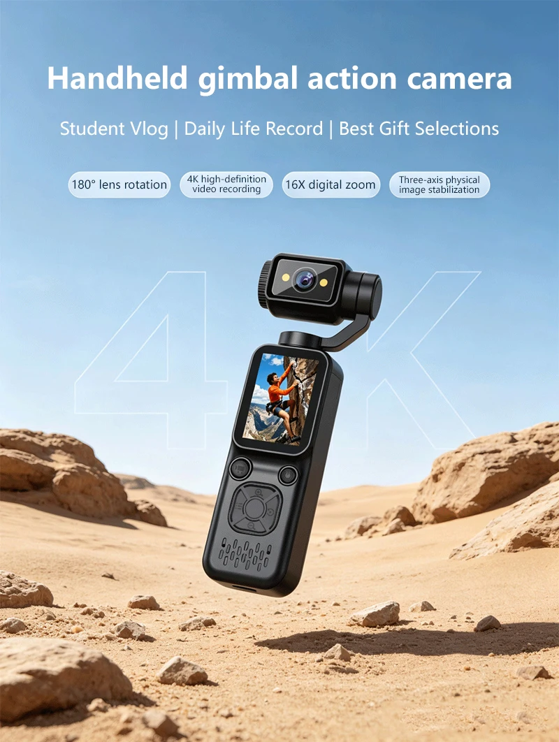 Lenovo New 4K HD Handheld Sports Camera Outdoor Gimbal Camera Travel Vlog Pocket Face Tracking Camera