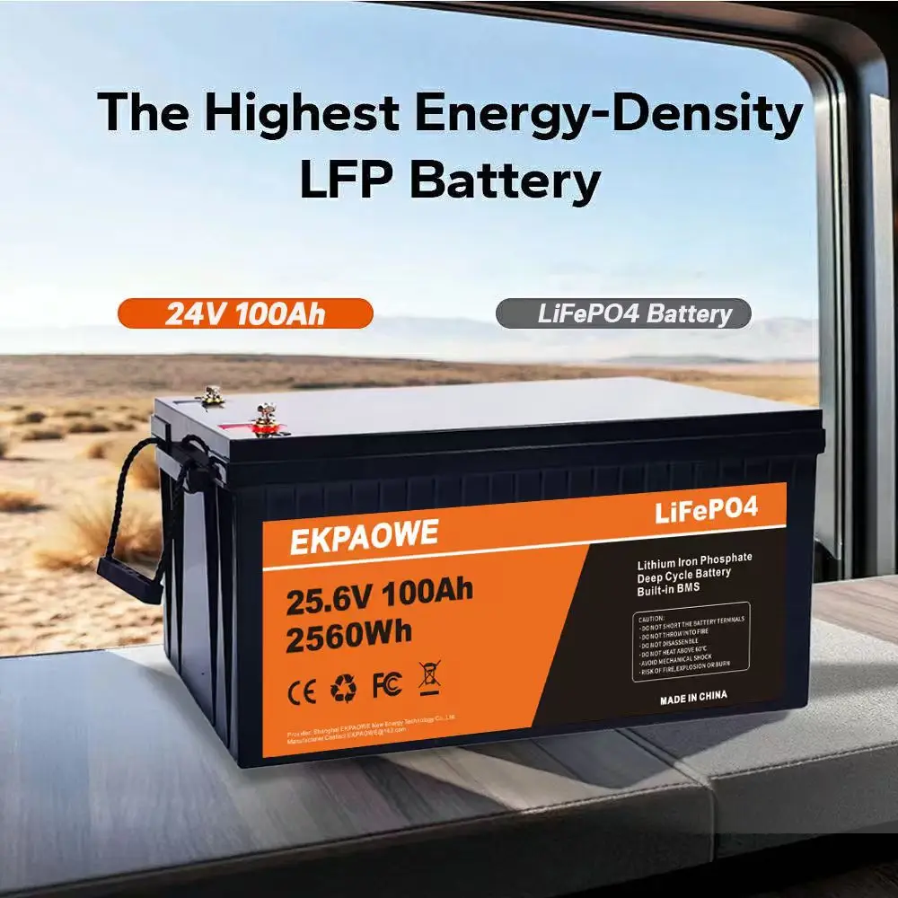 EKPAOWE 24V 25.6V 100AH LiFePO4 Battery 6000+ Deep Cycles Rechargeable Lithium Battery Pack up to 48V 51.2V 400Ah Low-Temp Protection For Fishing, Portable Power Station, Golf Cart, Boat, Camper, Marine, Trolling Motor, Off-Grid, Solar Energy Storage