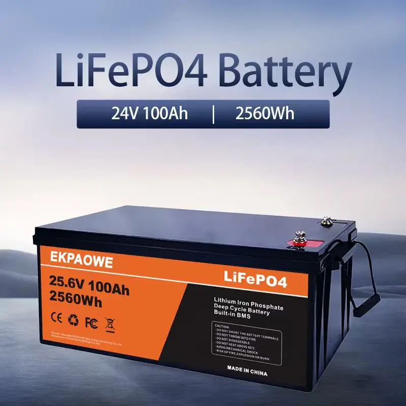EKPAOWE 24V 25.6V 100AH LiFePO4 Battery 6000+ Deep Cycles Rechargeable Lithium Battery Pack up to 48V 51.2V 400Ah Low-Temp Protection For Fishing, Portable Power Station, Golf Cart, Boat, Camper, Marine, Trolling Motor, Off-Grid, Solar Energy Storage