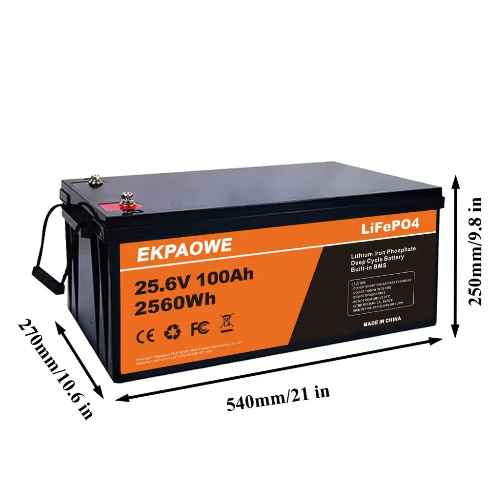 EKPAOWE 24V 25.6V 100AH LiFePO4 Battery 6000+ Deep Cycles Rechargeable Lithium Battery Pack up to 48V 51.2V 400Ah Low-Temp Protection For Fishing, Portable Power Station, Golf Cart, Boat, Camper, Marine, Trolling Motor, Off-Grid, Solar Energy Storage