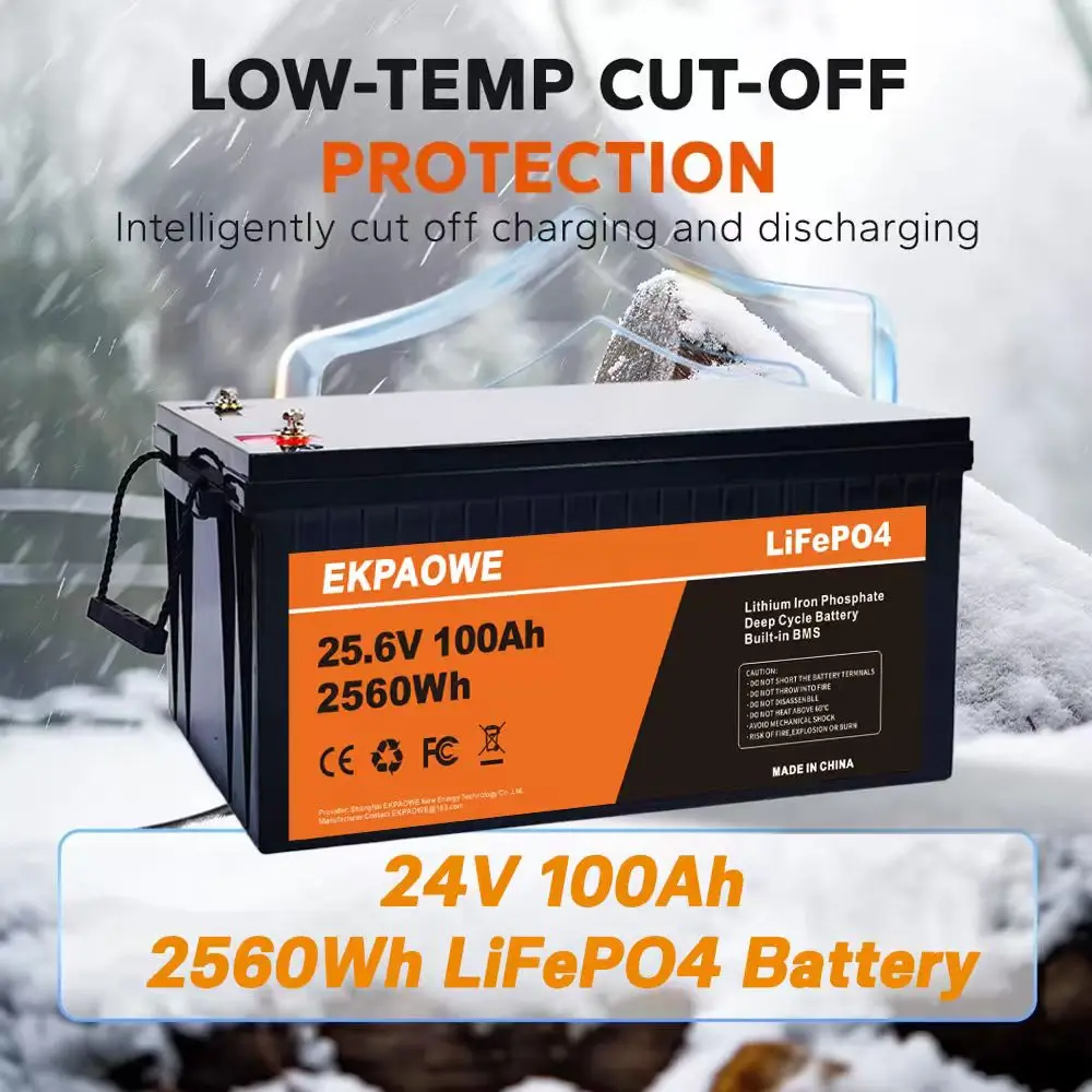 EKPAOWE 24V 25.6V 100AH LiFePO4 Battery 6000+ Deep Cycles Rechargeable Lithium Battery Pack up to 48V 51.2V 400Ah Low-Temp Protection For Fishing, Portable Power Station, Golf Cart, Boat, Camper, Marine, Trolling Motor, Off-Grid, Solar Energy Storage