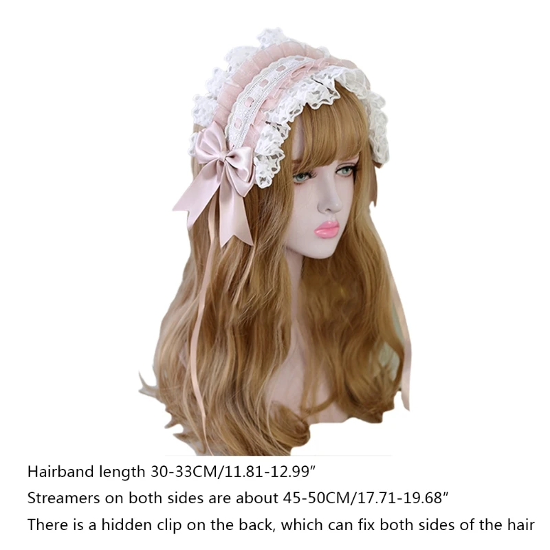 Lolita Ruffled Headband Sweet Star Embroidery Lace Ribbon Bow Hairband with Hairpins Anime Maid Cosplay Headdress