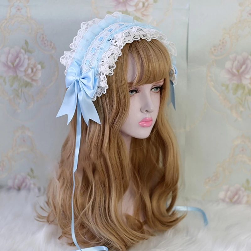 Lolita Ruffled Headband Sweet Star Embroidery Lace Ribbon Bow Hairband with Hairpins Anime Maid Cosplay Headdress