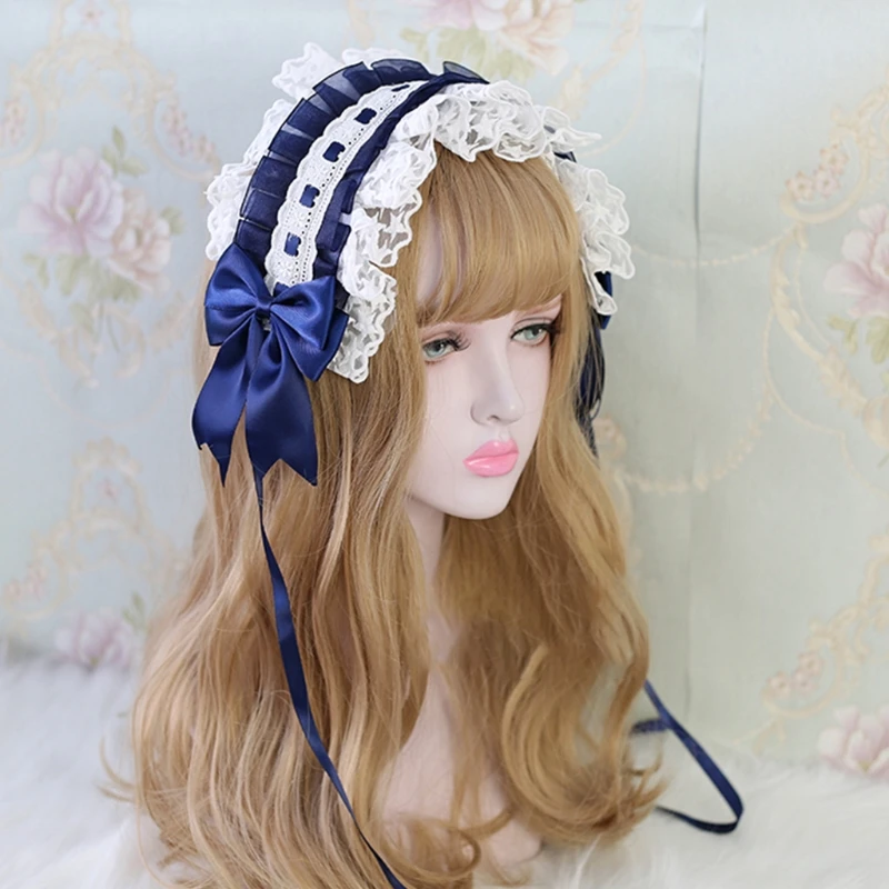 Lolita Ruffled Headband Sweet Star Embroidery Lace Ribbon Bow Hairband with Hairpins Anime Maid Cosplay Headdress