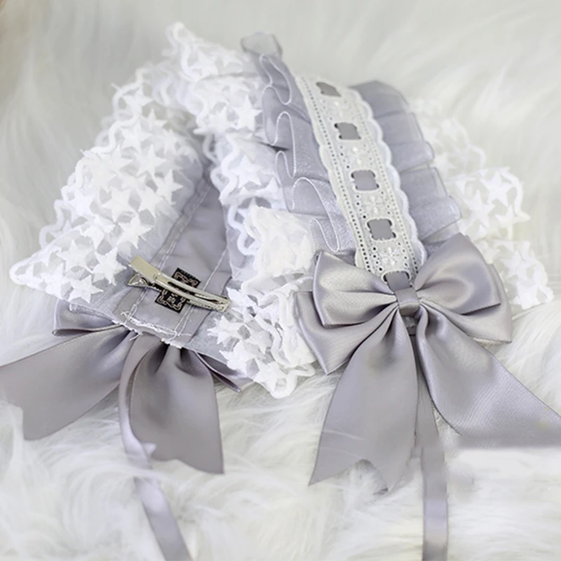 Lolita Ruffled Headband Sweet Star Embroidery Lace Ribbon Bow Hairband with Hairpins Anime Maid Cosplay Headdress