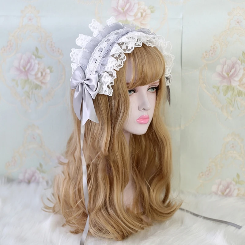 Lolita Ruffled Headband Sweet Star Embroidery Lace Ribbon Bow Hairband with Hairpins Anime Maid Cosplay Headdress