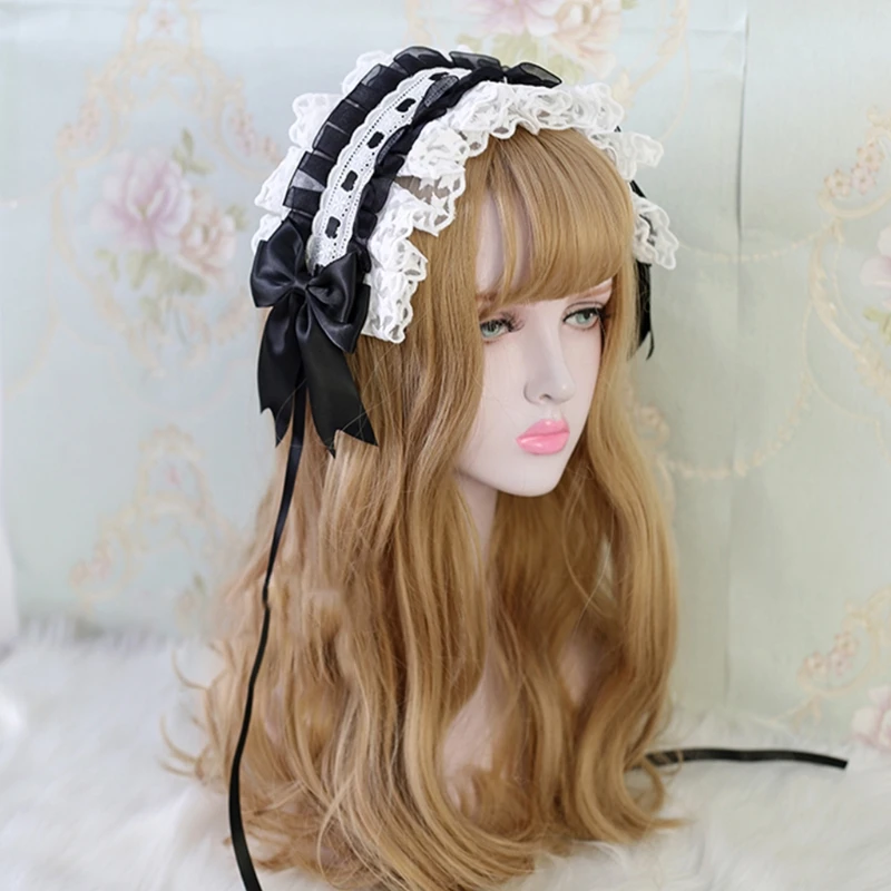 Lolita Ruffled Headband Sweet Star Embroidery Lace Ribbon Bow Hairband with Hairpins Anime Maid Cosplay Headdress
