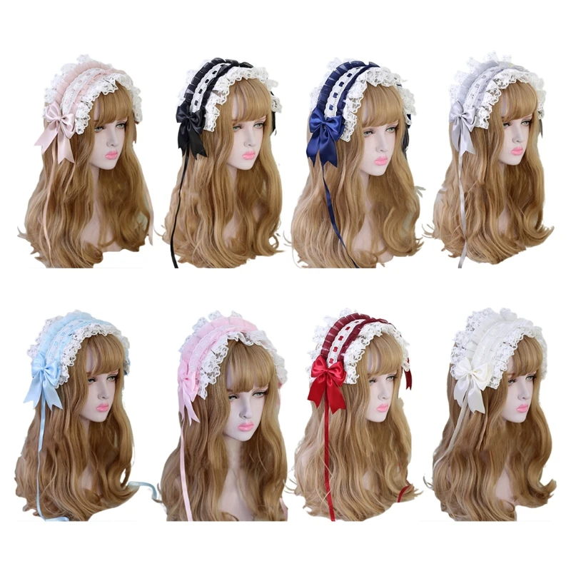 Lolita Ruffled Headband Sweet Star Embroidery Lace Ribbon Bow Hairband with Hairpins Anime Maid Cosplay Headdress