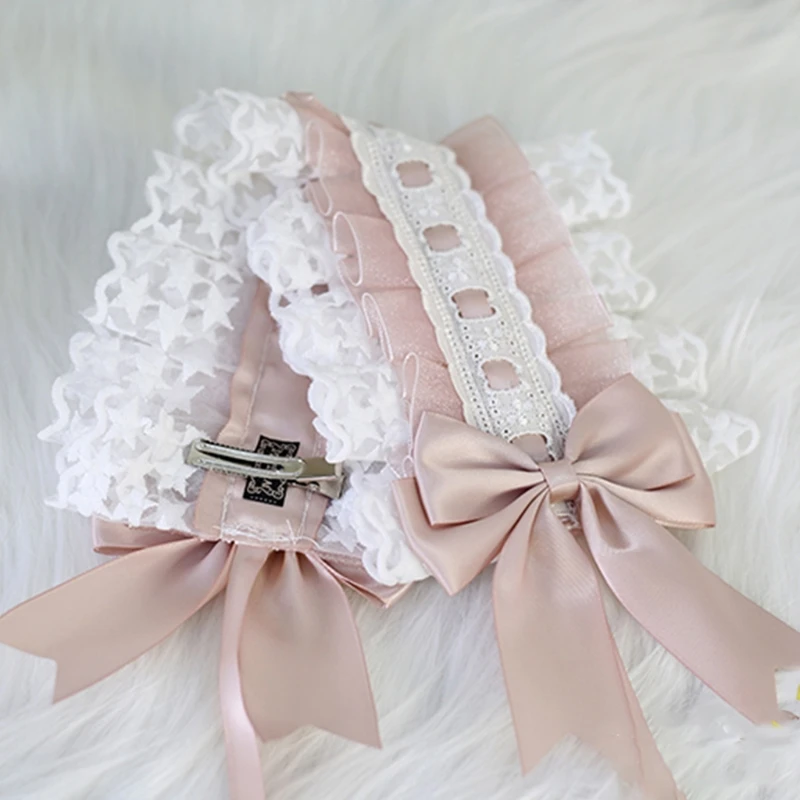 Lolita Ruffled Headband Sweet Star Embroidery Lace Ribbon Bow Hairband with Hairpins Anime Maid Cosplay Headdress