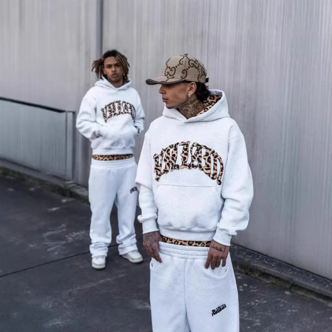 Y2K leopard Fashion High street print letter embroidered men sportswear suit casual American retro hoodie trend loose clothing