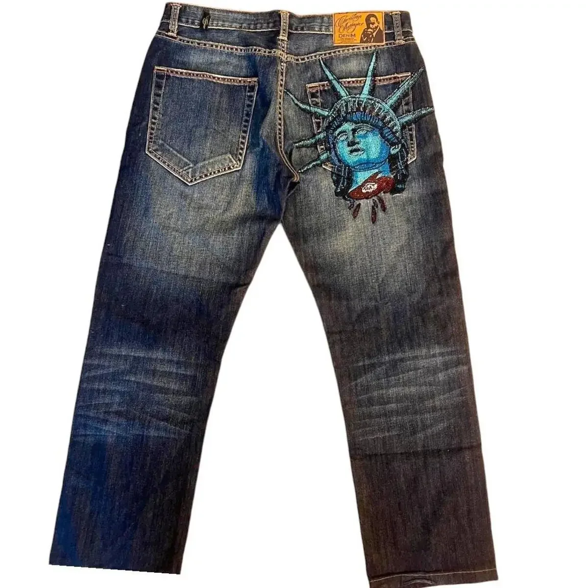 Y2k 2000s Statue of Liberty Diamonds Denim Pants Women Casual High Waist Straight Wide Leg Jeans Harajuku Vintage Women Clothing