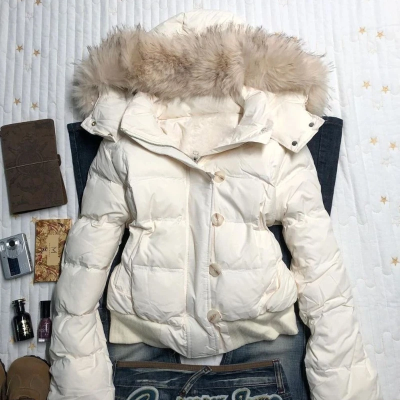 American Retro Fur Collar Warm Solid Color Women Hooded Cotton Coat Ins Winter Loose Casual Slim Cotton Coat Jackets