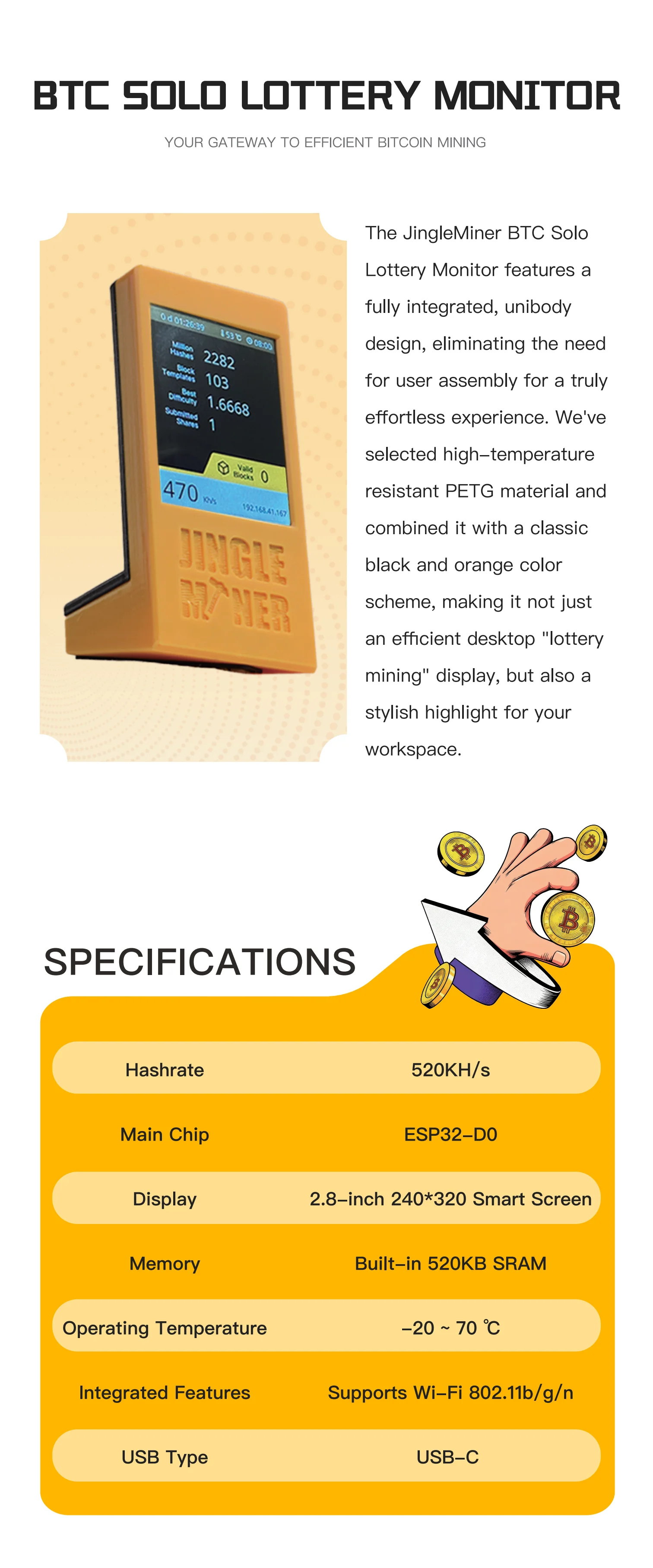 Jingle Miner BTC Solo Lottery Monitor 520Kh/s 1W Bitcoin Miner WIFI Brand NEW 10mV Hashrate Crypto Machine Lucky MinerIn Stock