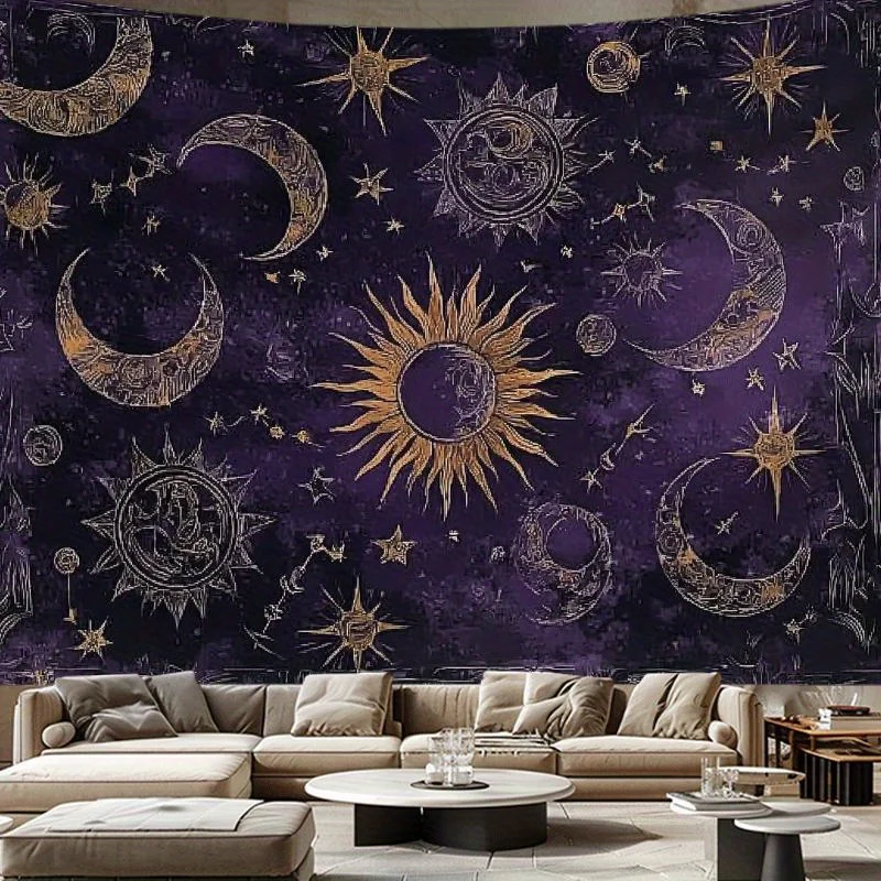 VIKAMA Cosmic Starry Sky Tapestry Gilded Star and Moon Celestial Mural Living Room & Bedroom Sofa Backdrop Wall Room Decor