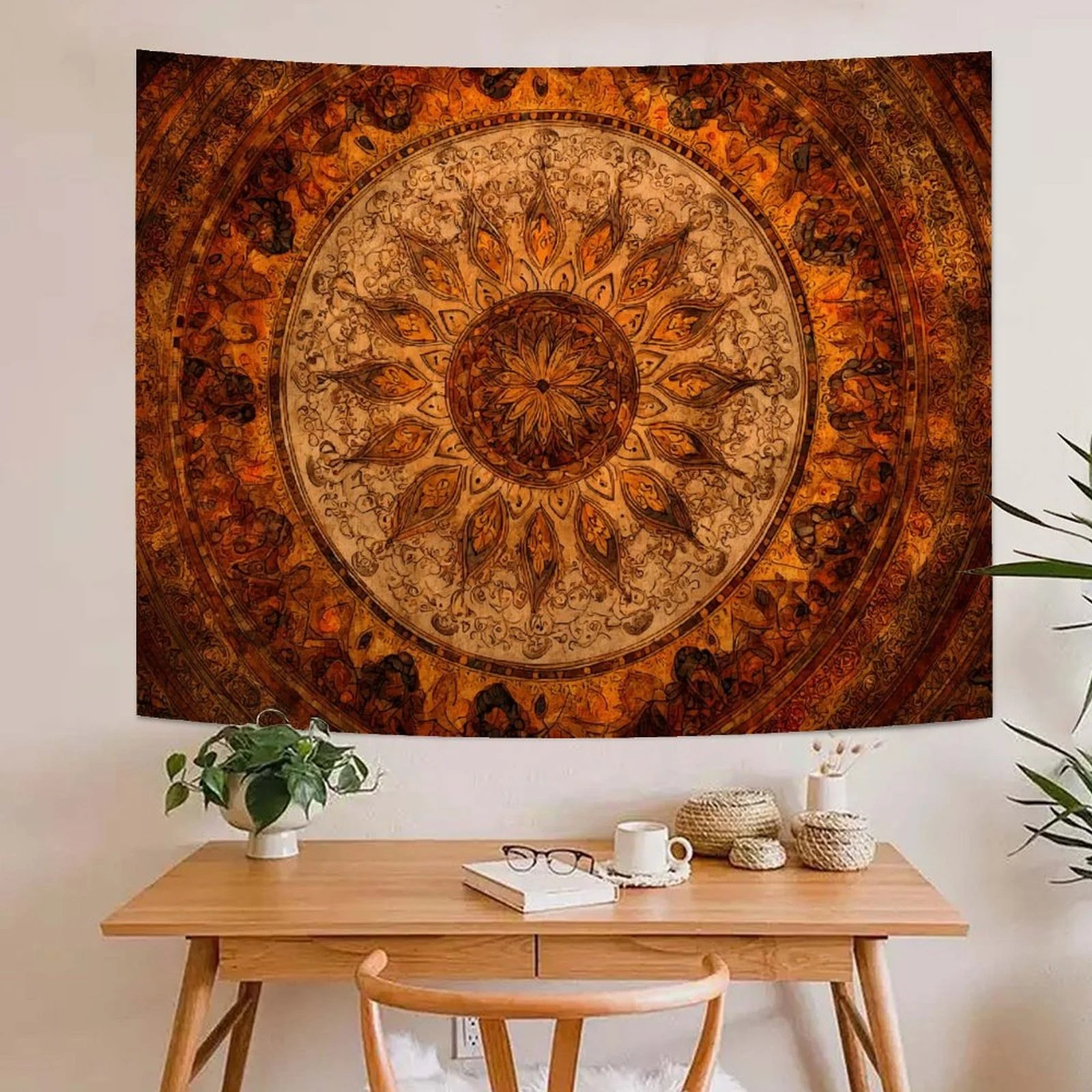 VIKAMA Bohemian Sun Tapestry For Bedroom, Living Room And Dorm, Retro Orange Brown Mandala Wall Hanging, Boho Home Decoration