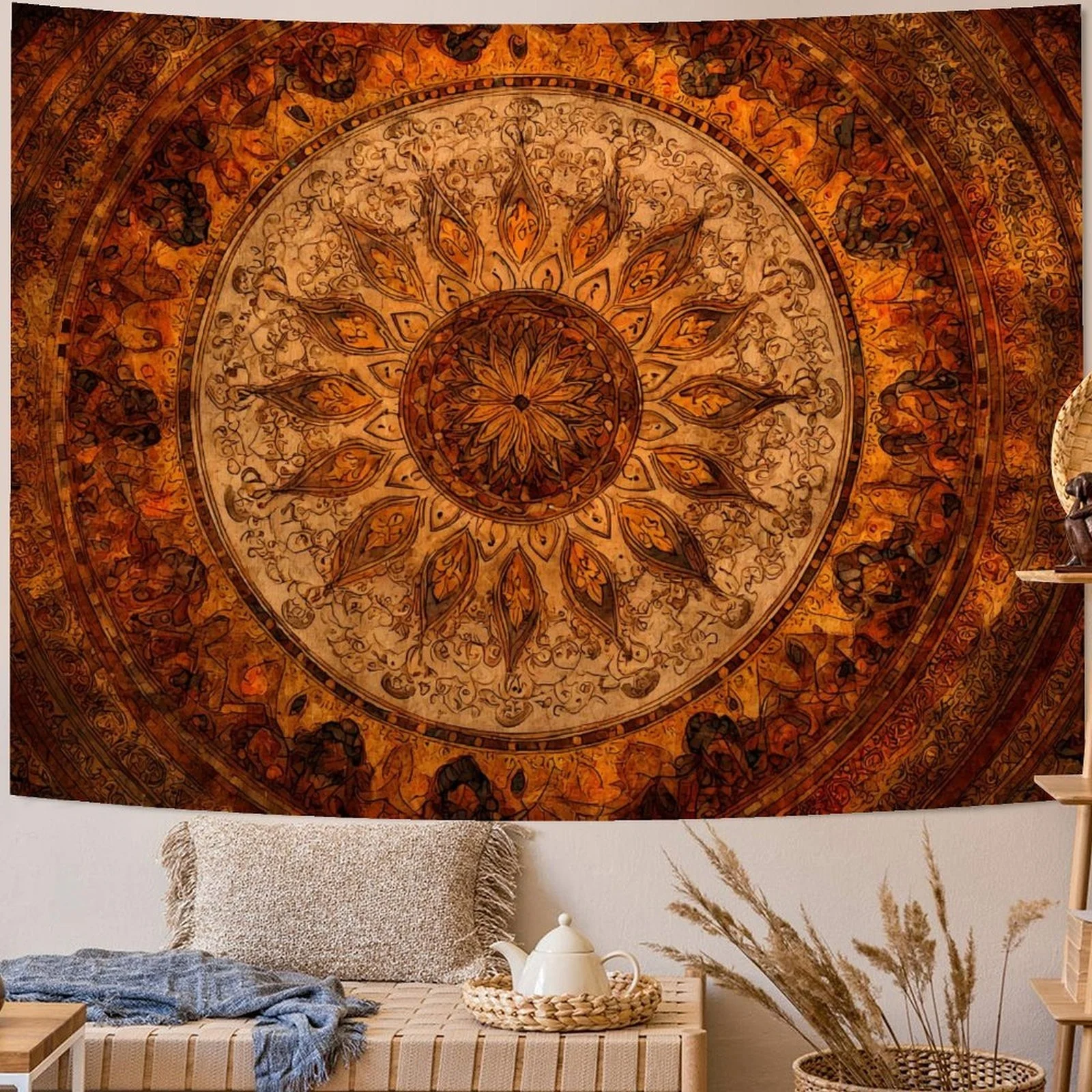 VIKAMA Bohemian Sun Tapestry For Bedroom, Living Room And Dorm, Retro Orange Brown Mandala Wall Hanging, Boho Home Decoration