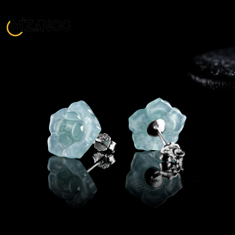 Original Natural Jadeite Blue Water Lotus Earrings 925 Silver Inlaid with Ice Jade Petals Exquisite Fashion Women's Jewelry Gift