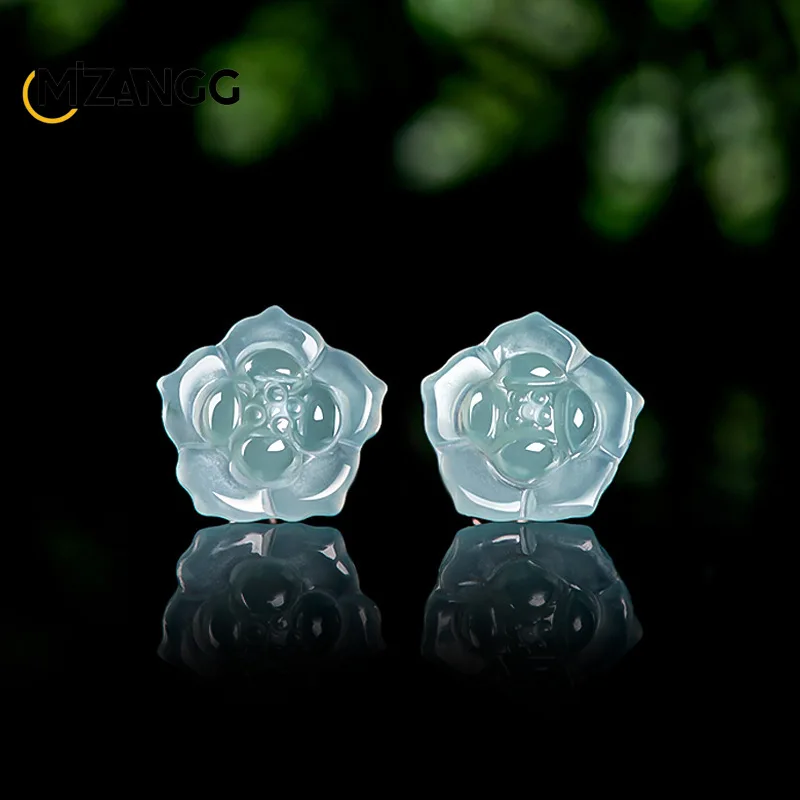 Original Natural Jadeite Blue Water Lotus Earrings 925 Silver Inlaid with Ice Jade Petals Exquisite Fashion Women's Jewelry Gift