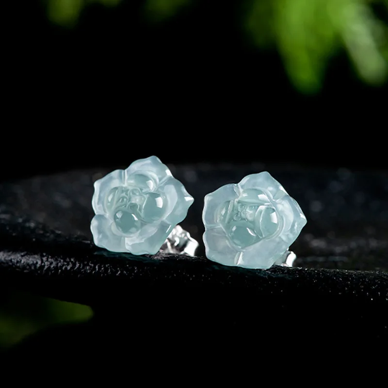 Original Natural Jadeite Blue Water Lotus Earrings 925 Silver Inlaid with Ice Jade Petals Exquisite Fashion Women's Jewelry Gift