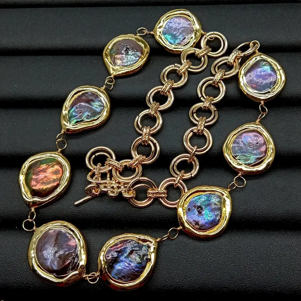 KKGEM Freshwater Cultured Black Pearl Coin Shape Gold Color Plated Wrap Necklace 21"